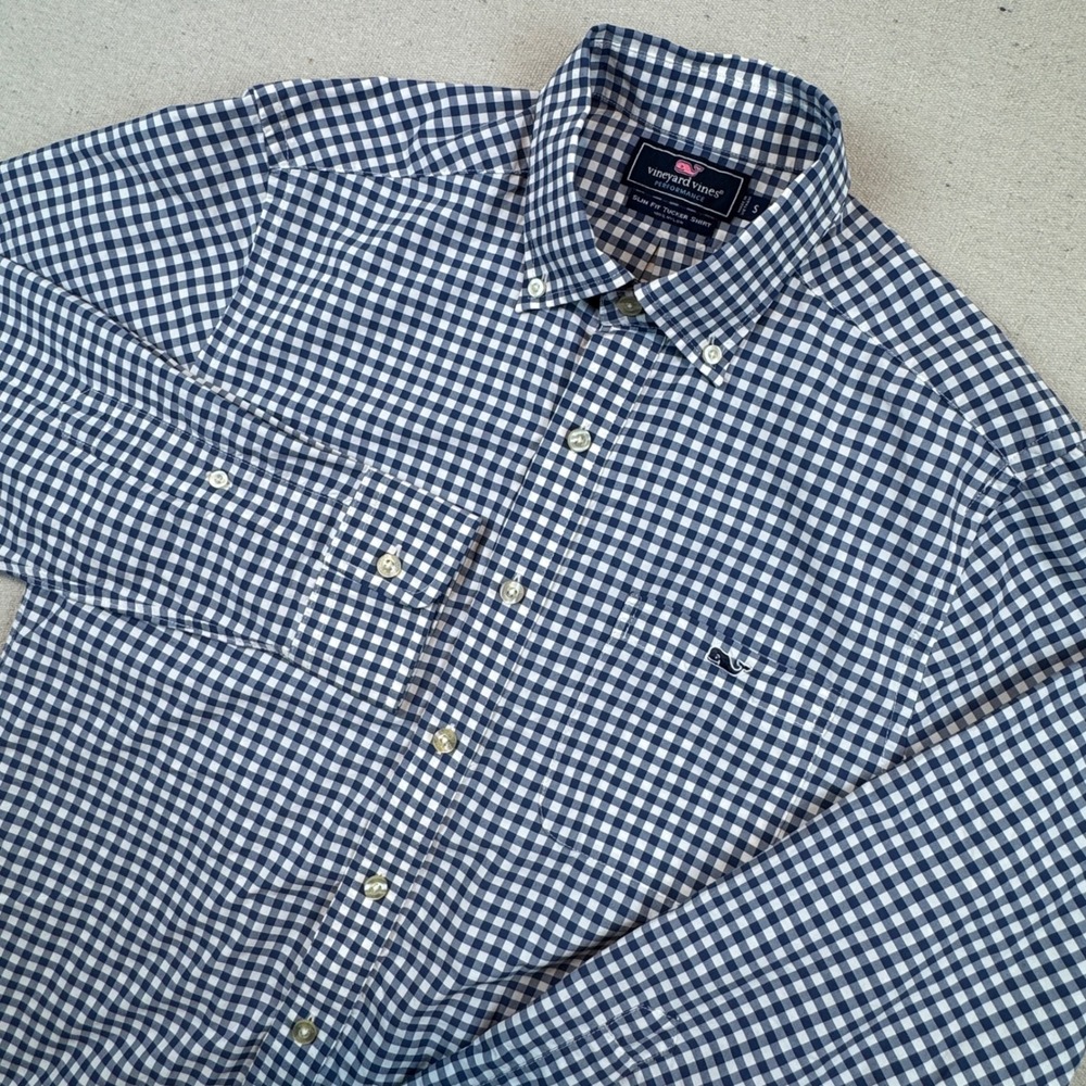Vineyard Vines Performance Slim Fit Tucker Shirt Mens Small Navy Gingham Nylon